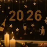Fenster mit Silvesterdeko, Lichterkette, Kerzen, 2026-Zahlen und Glückssymbolen