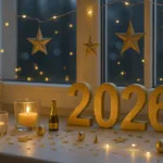 Festliche Silvesterdeko für die Fensterbank mit goldenen Zahlen, Kerzen und Lichterkette