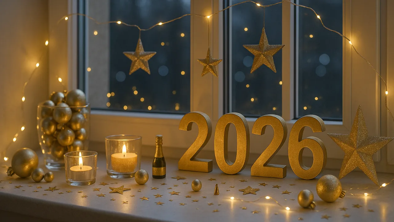 Silvesterdeko für die Fensterbank – 5 schöne Ideen zum Nachmachen Festliche Silvesterdeko für die Fensterbank mit goldenen Zahlen, Kerzen und Lichterkette