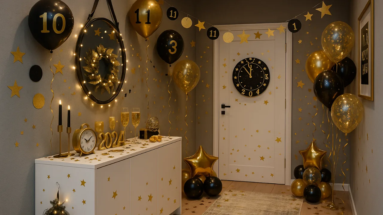 Moderner Flur mit goldener Silvesterdeko, Ballons, Lichterkette und Countdown-Uhr
