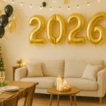 Helle Silvesterdeko 2026 mit goldenen Ballons und Lichterketten im großen Wohnzimmer
