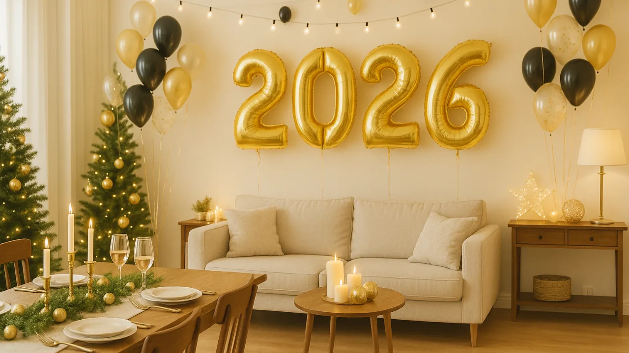 Helle Silvesterdeko 2026 mit goldenen Ballons und Lichterketten im großen Wohnzimmer