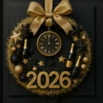 Goldene Silvesterdeko 2026 mit Kranz und Lichtern an einer Haustür