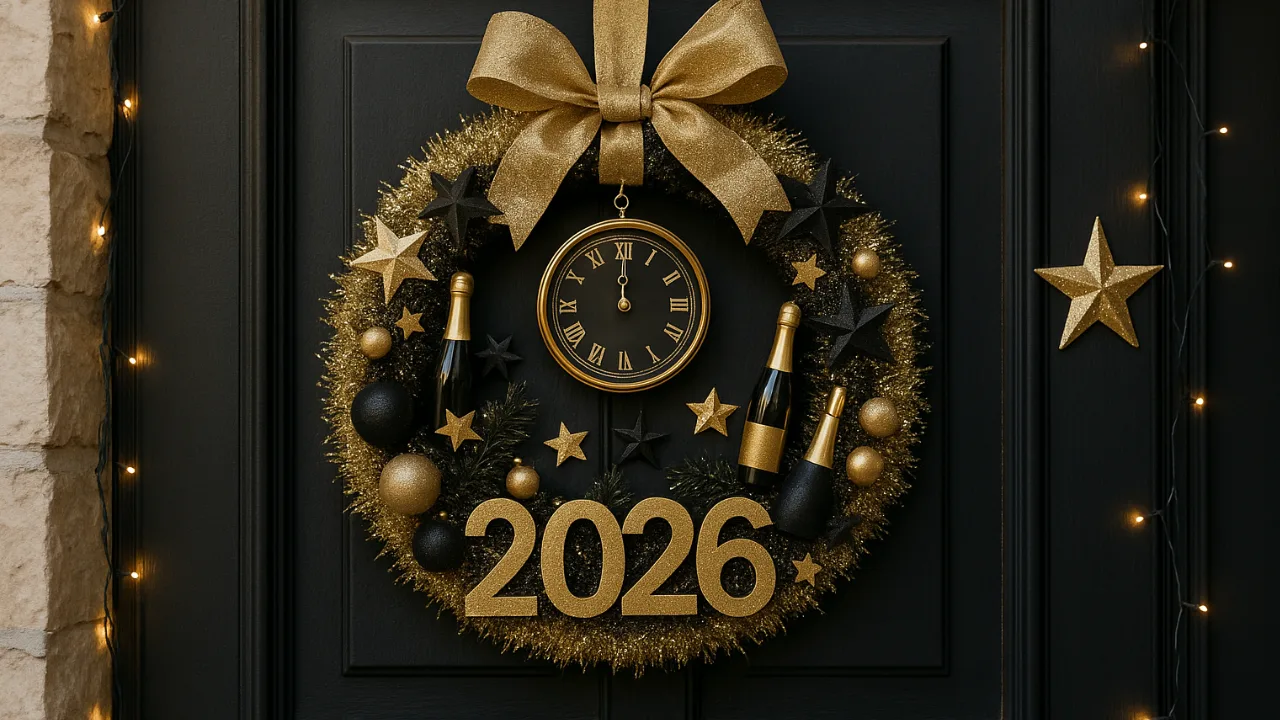 Goldene Silvesterdeko 2026 mit Kranz und Lichtern an einer Haustür