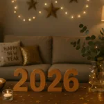 Silvesterdeko im kleinen Wohnzimmer mit Lichterketten, Kerzen und goldener 2026-Deko