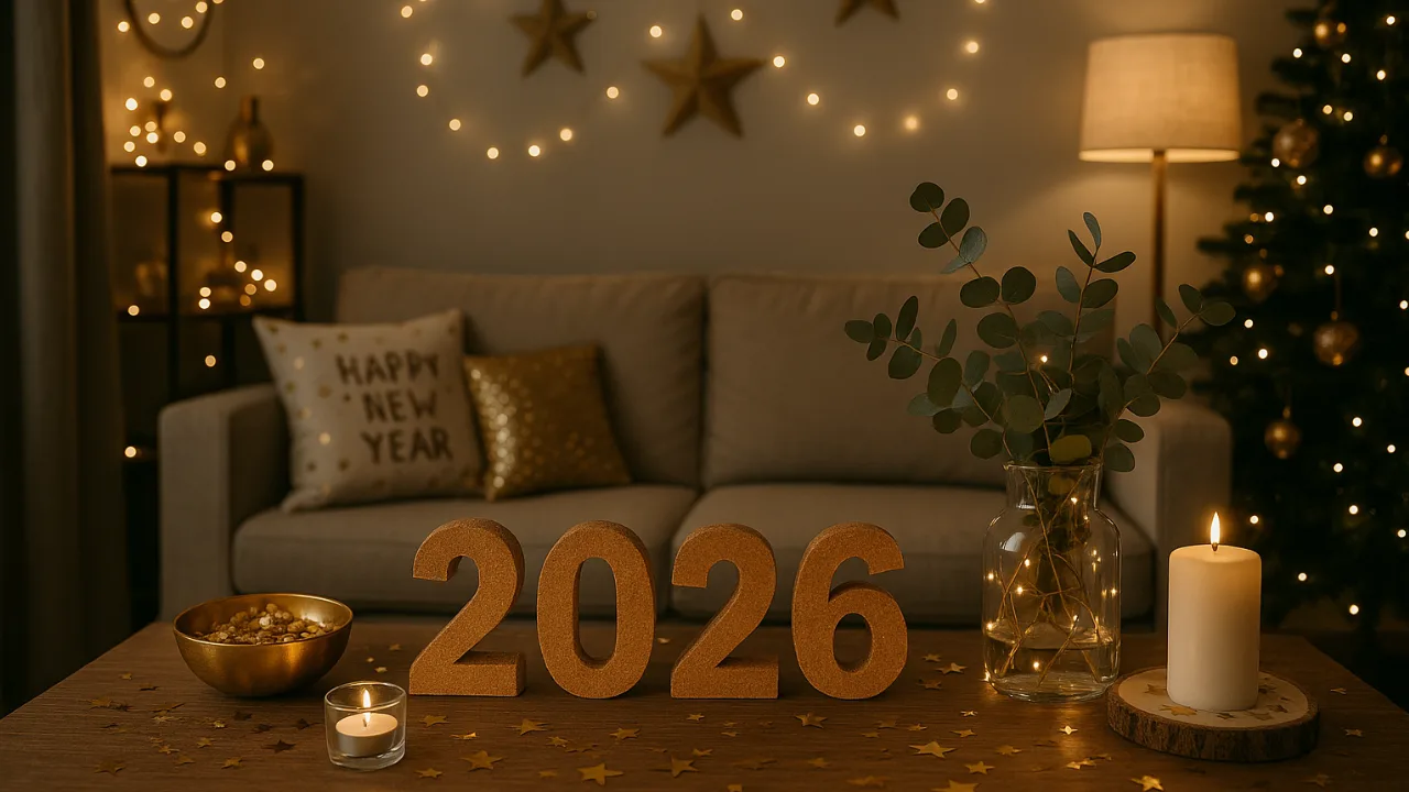 Silvesterdeko im kleinen Wohnzimmer mit Lichterketten, Kerzen und goldener 2026-Deko