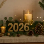 Silvesterdeko 2026 auf Kommode mit goldenen Zahlen, Kerzen, Zweigen und Zapfen