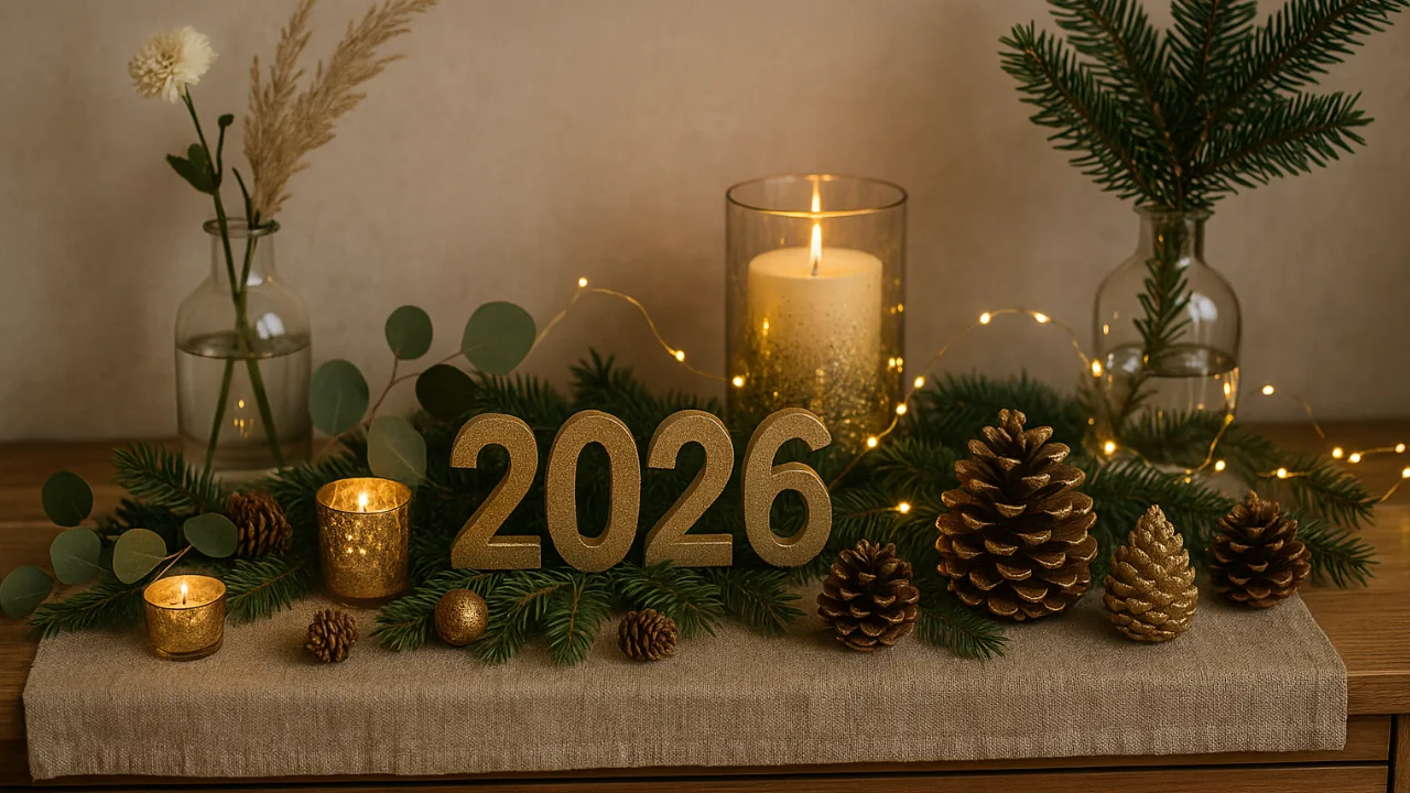 Silvesterdeko für die Kommode – 4 stilvolle Ideen fürs Zuhause Silvesterdeko 2026 auf Kommode mit goldenen Zahlen, Kerzen, Zweigen und Zapfen