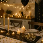 Festlich gedeckter Küchentisch mit goldener Silvesterdeko, Kerzen und Ballons