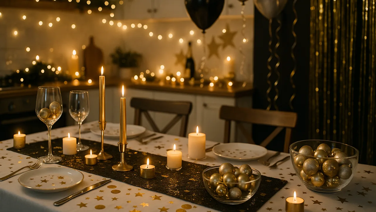 Festlich gedeckter Küchentisch mit goldener Silvesterdeko, Kerzen und Ballons