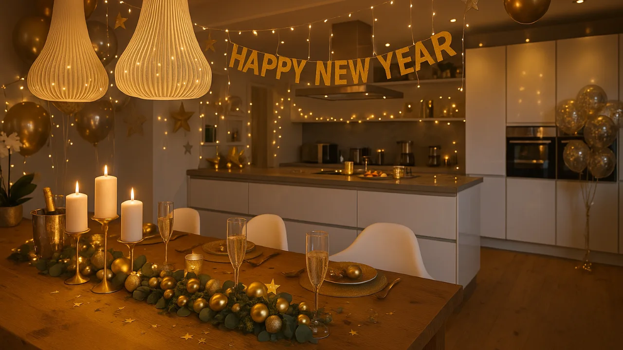 Offene Küche mit goldener Silvesterdeko, Lichterketten und festlich gedecktem Tisch