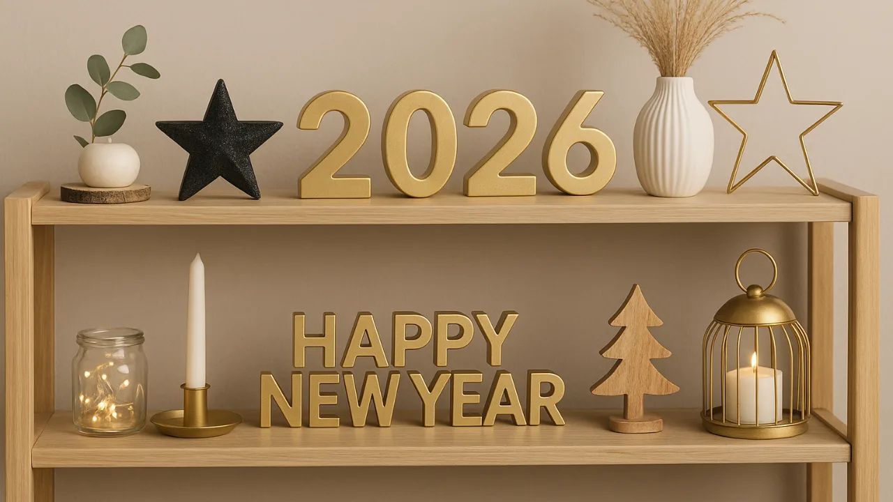 Silvesterdeko für das Regal mit goldenen Zahlen 2026, Kerzen und stilvollen Deko-Ideen in warmem Wohnambiente