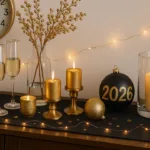 Goldene und schwarze Silvesterdeko auf Sideboard mit Kerzen, Sekt und 2026-Kugel