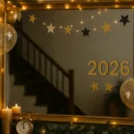 Festlich dekorierter Spiegel mit goldener Silvesterdeko, Ballons, Kerzen und Lichterketten