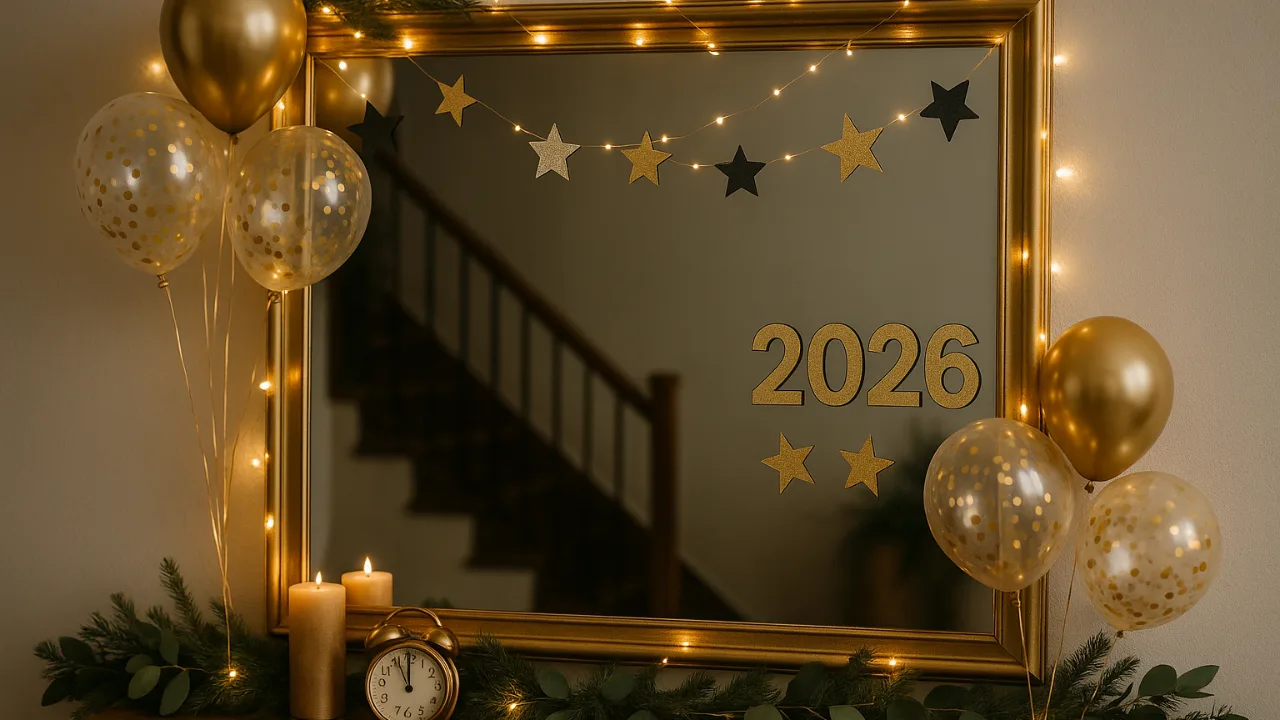 Festlich dekorierter Spiegel mit goldener Silvesterdeko, Ballons, Kerzen und Lichterketten