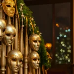 Goldene Masken als festliche Silvesterdeko am geschmückten Treppengeländer mit Lichtern