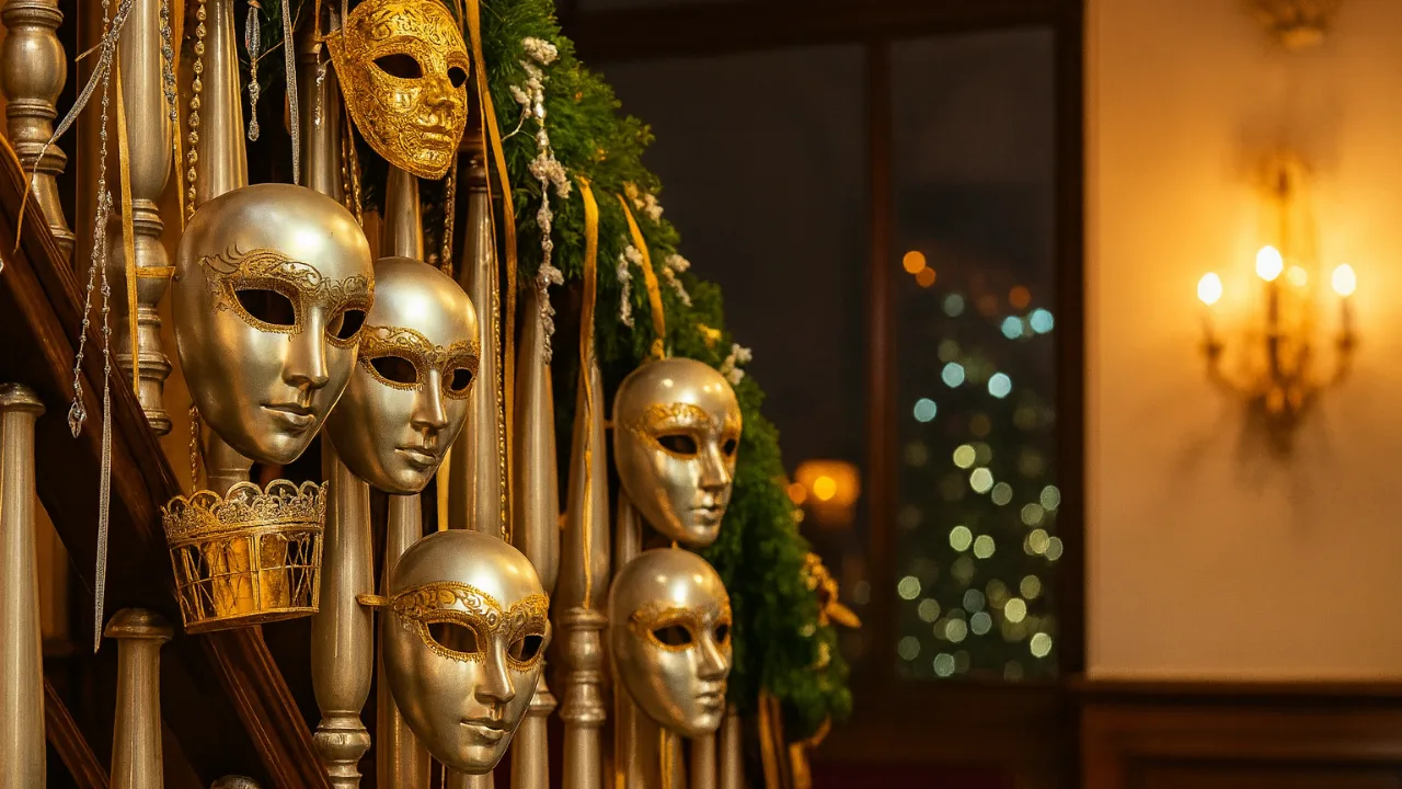 Goldene Masken als festliche Silvesterdeko am geschmückten Treppengeländer mit Lichtern