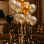 Elegante Ballondekoration in Gold, Weiß und Schwarz mit Lichterkette auf Glastisch im modernen Wohnzimmer zu Silvester