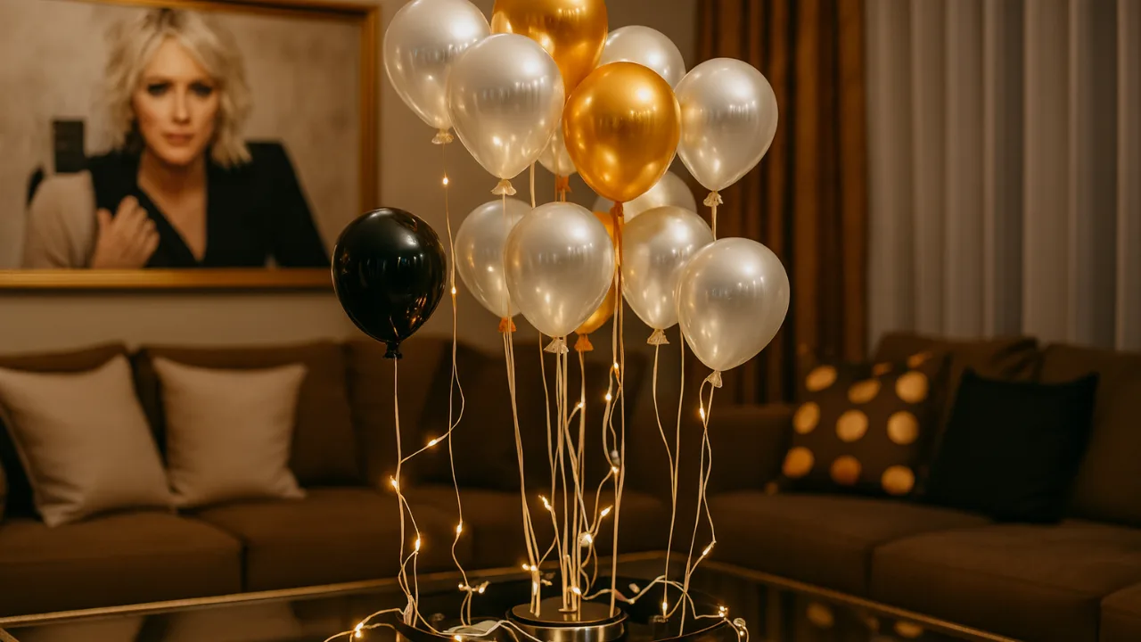 Elegante Ballondekoration in Gold, Weiß und Schwarz mit Lichterkette auf Glastisch im modernen Wohnzimmer zu Silvester