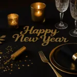 Elegante Silvester Tischdeko in Gold und Schwarz mit Kerzen und Gläsern