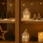 Weihnachtsdeko in Vitrine mit Lichtern, Miniaturfiguren und winterlicher Atmosphäre