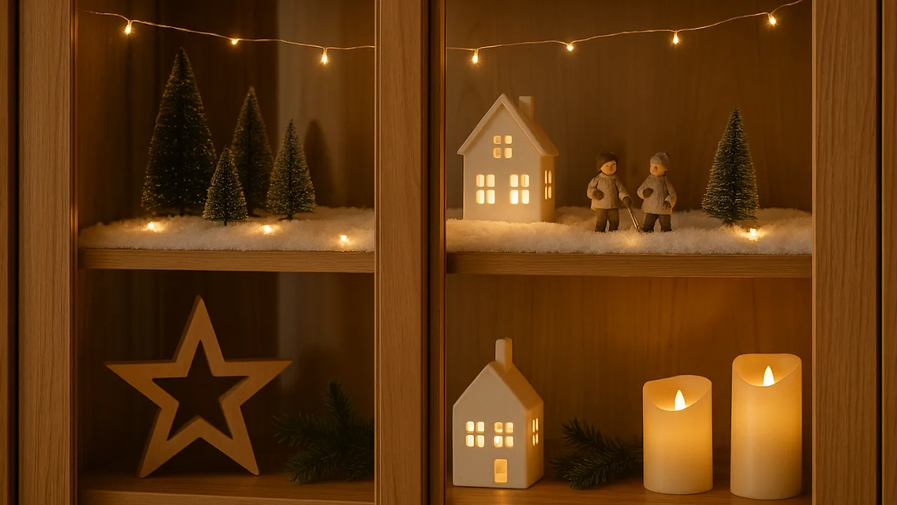Weihnachtsdeko in Vitrine mit Lichtern, Miniaturfiguren und winterlicher Atmosphäre