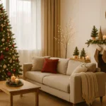 Großes Wohnzimmer mit Weihnachtsdeko, geschmücktem Baum, Kamin und warmem Licht