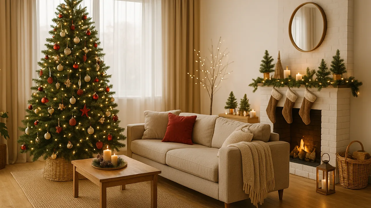 Großes Wohnzimmer mit Weihnachtsdeko, geschmücktem Baum, Kamin und warmem Licht
