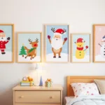 Weihnachtsdeko im Kinderzimmer mit Bildern, Mini-Tanne und gemütlicher festlicher Gestaltung.