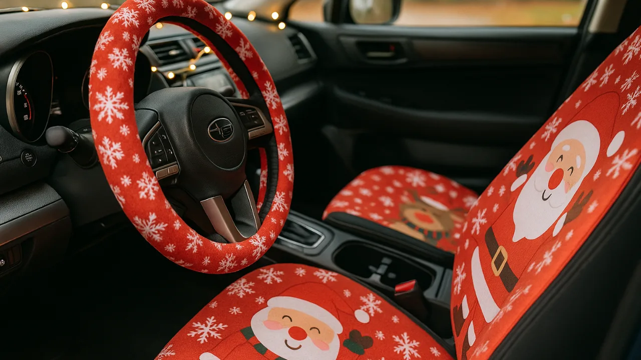 Innenraum mit Weihnachtsdeko fürs Auto – rote Sitzbezüge und Lenkrad mit Schneeflockenmotiv