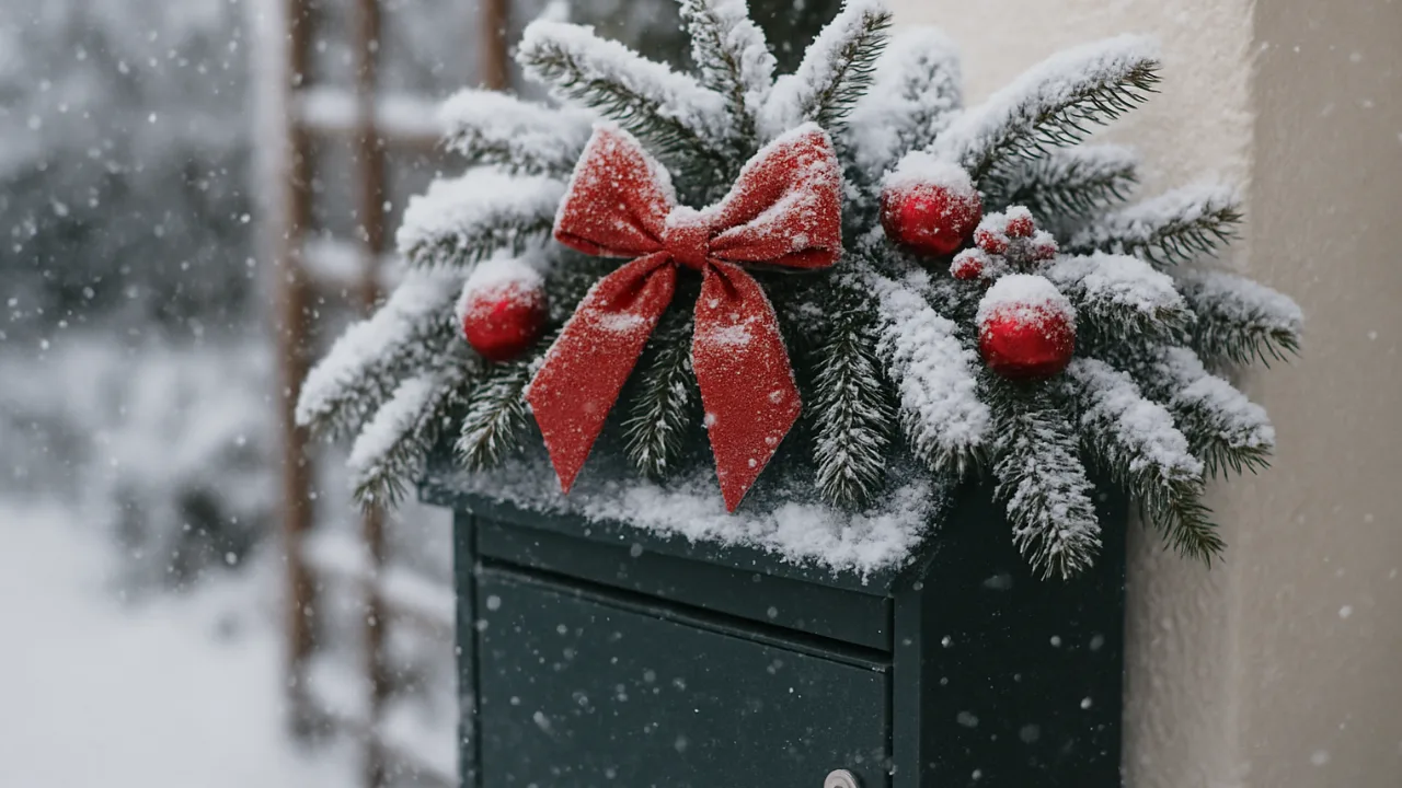 Grüner Briefkasten mit Weihnachtsdeko aus Tannenzweigen, roter Schleife und Schnee