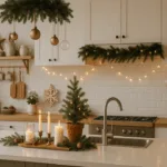 Weihnachtsdeko in offener Küche mit Lichterkette, Tannenzweigen und Kerzen