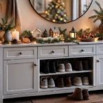 Weihnachtsdeko auf Schuhschrank mit Lichterkette, Tannenzweigen und Kerzen im Flur