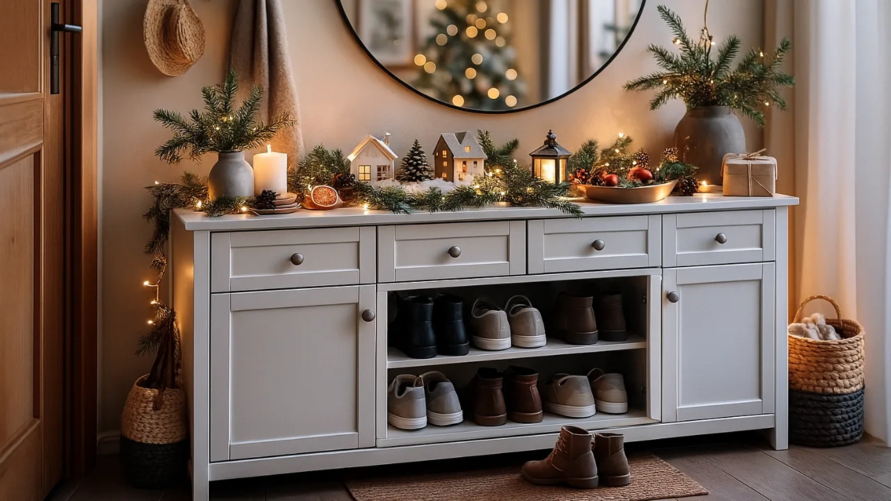 Weihnachtsdeko auf Schuhschrank mit Lichterkette, Tannenzweigen und Kerzen im Flur