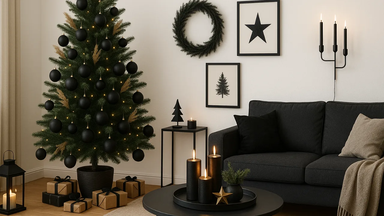 Weihnachtsdeko in Schwarz – 5 elegante Ideen für dein Wohnzimmer Modernes Wohnzimmer mit schwarzer Weihnachtsdeko, goldenen Akzenten und warmem Kerzenlicht