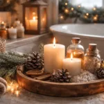 Winterdeko im Badezimmer mit Kerzen, Holztablett, Tannenzweigen und warmem Licht