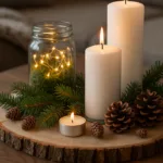 Winterdeko auf Couchtisch mit Kerzen, Tannenzweigen und Glaslicht im Wohnzimmer