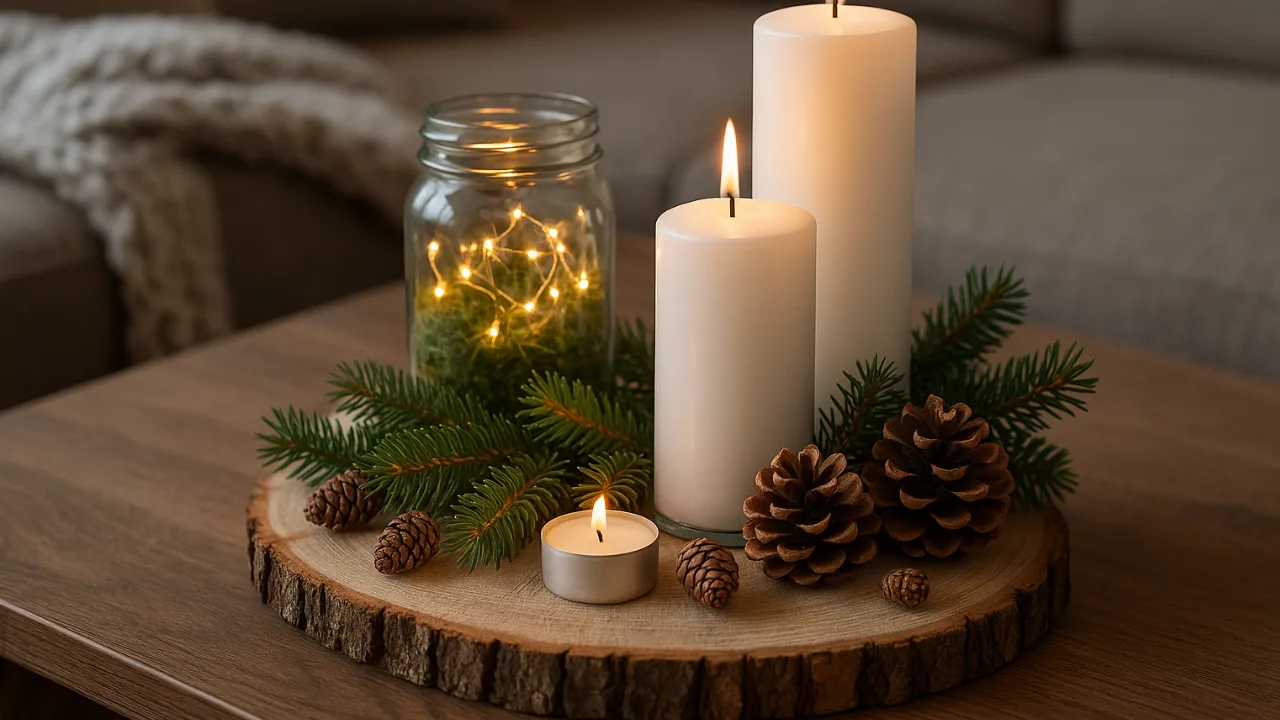 Winterdeko auf Couchtisch mit Kerzen, Tannenzweigen und Glaslicht im Wohnzimmer