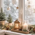 Winterdeko für Fenster mit Kerzen, Mini-Tannen und Lichterkette in natürlichem Licht