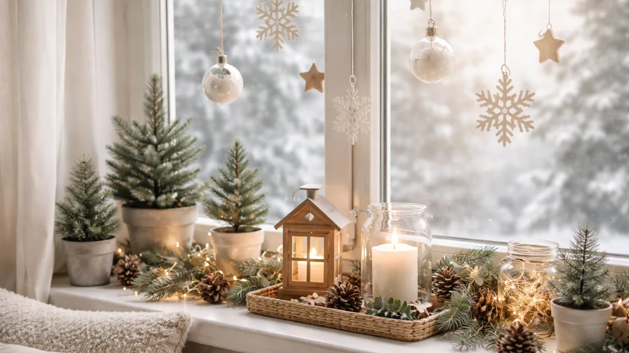 Winterdeko für Fenster mit Kerzen, Mini-Tannen und Lichterkette in natürlichem Licht