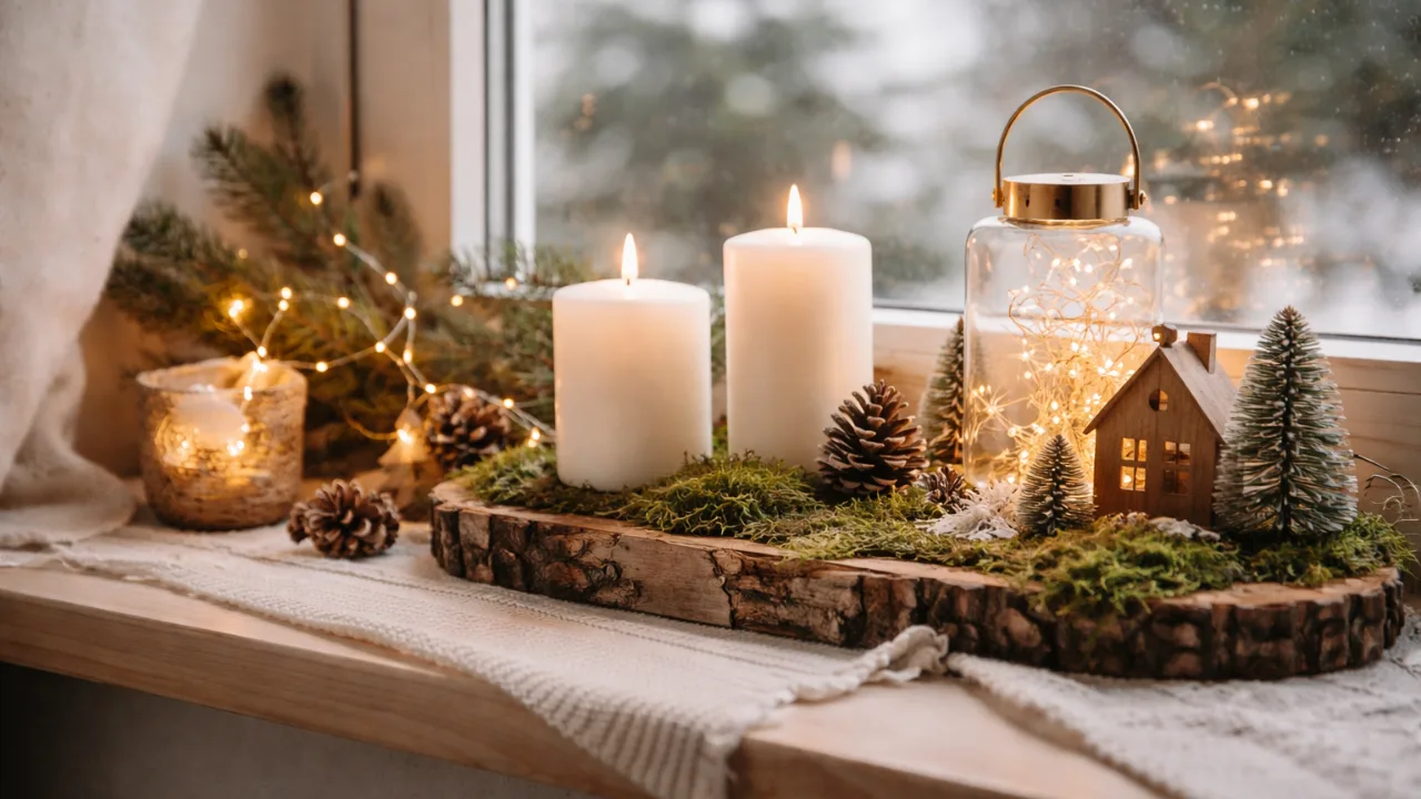 Winterdeko für die Fensterbank mit Kerzen, Holz, Moos und warmem Licht in natürlicher Wohnatmosphäre