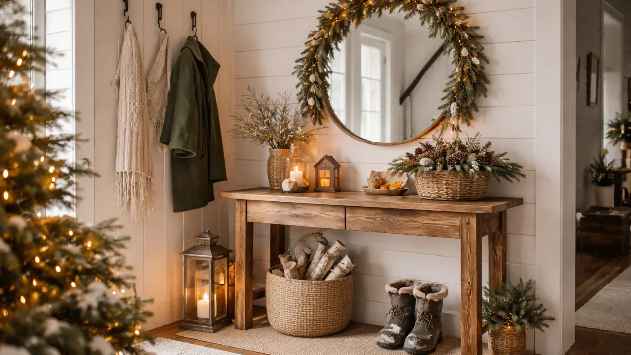 Winterdeko im Flur mit Holzbank, Tannengrün, Laternen und warmem Licht