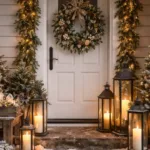 Winterdeko Hauseingang mit Lichterketten, Kranz und Tannen im Schnee