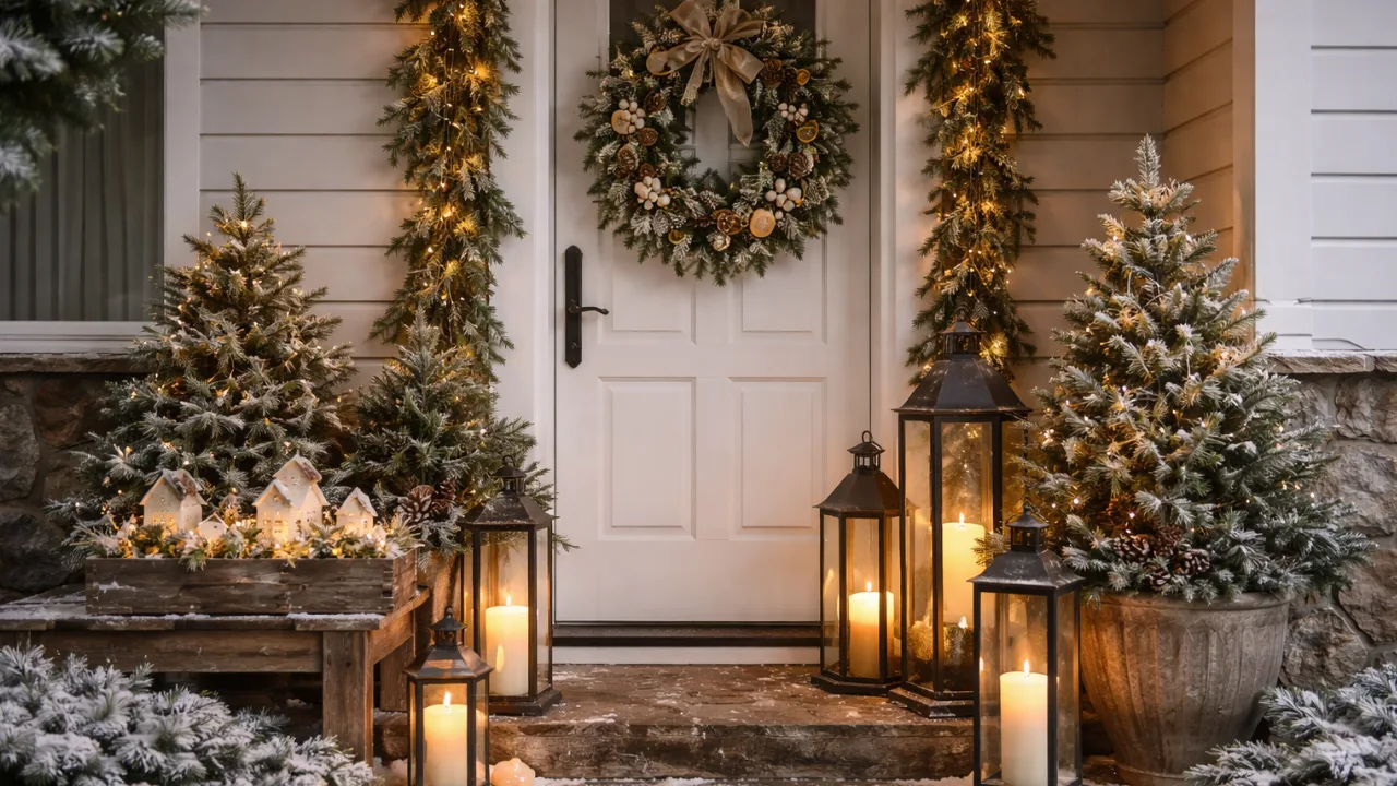 Winterdeko Hauseingang mit Lichterketten, Kranz und Tannen im Schnee