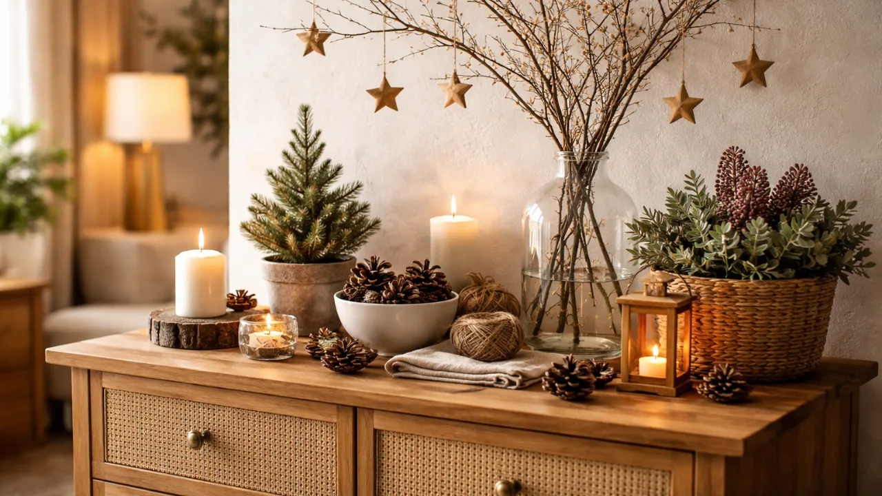 Winterdeko für die Kommode – 6 gemütliche Ideen mit Naturcharakter Winterdeko für die Kommode mit Naturmaterialien, Kerzen, Zweigen, Zapfen und wintergrünen Pflanzen in warmem Licht
