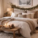 Winterdeko im Schlafzimmer mit warmen Stoffen, Kerzen und Naturmaterialien