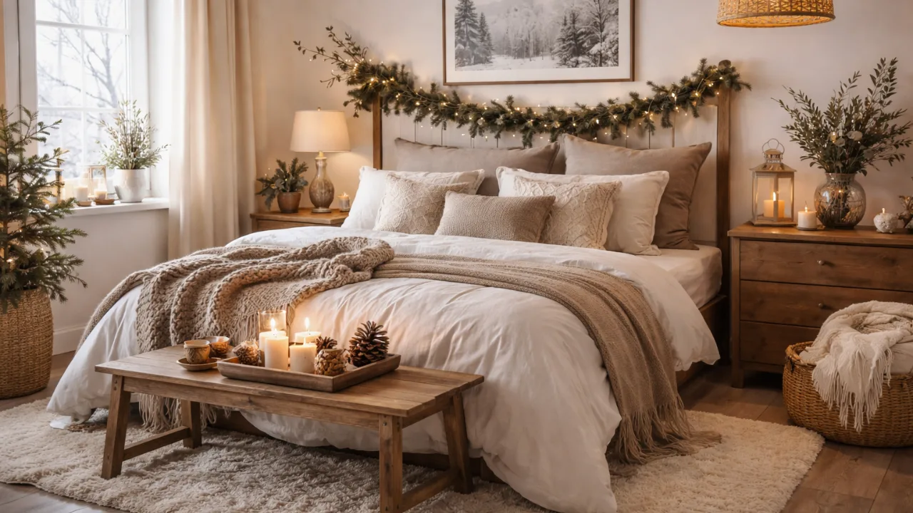 Winterdeko im Schlafzimmer mit warmen Stoffen, Kerzen und Naturmaterialien