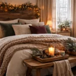 Gemütlich dekoriertes Schlafzimmer mit winterlicher Deko, Kerzenlicht und warmen Textilien