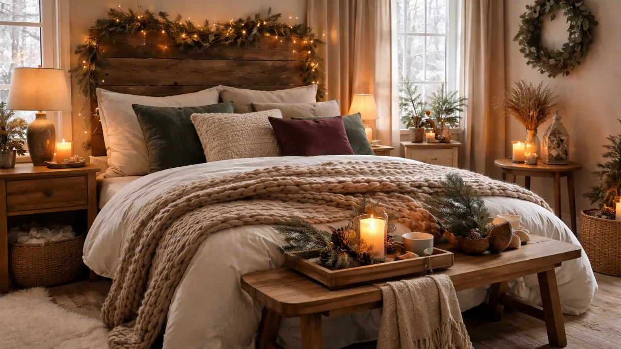 Gemütlich dekoriertes Schlafzimmer mit winterlicher Deko, Kerzenlicht und warmen Textilien
