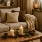 Winterdeko im Wohnzimmer mit Kerzen, Holz und warmen Farben